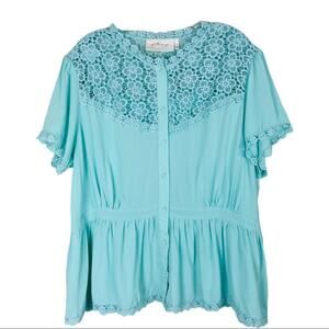 Hillary Scott green lace crochet ruffle button top